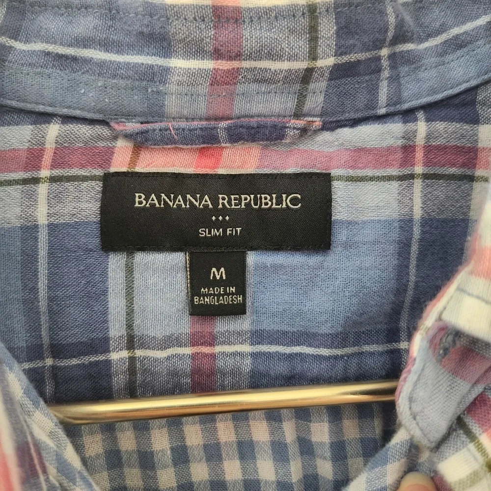 Banana Republic Mens Slim Fit Plaid Button Down Shirt Blue Red Medium Cotton